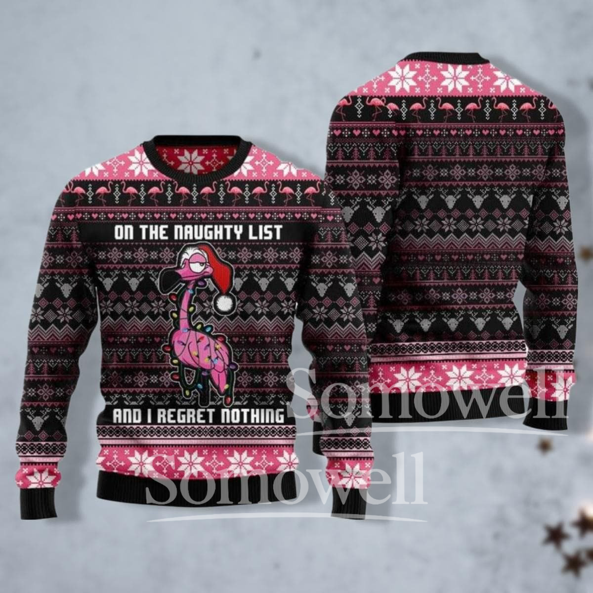 Pink Flamingo Christmas Ugly Sweater Naughty List Funny Holiday Knit Pullover Gift