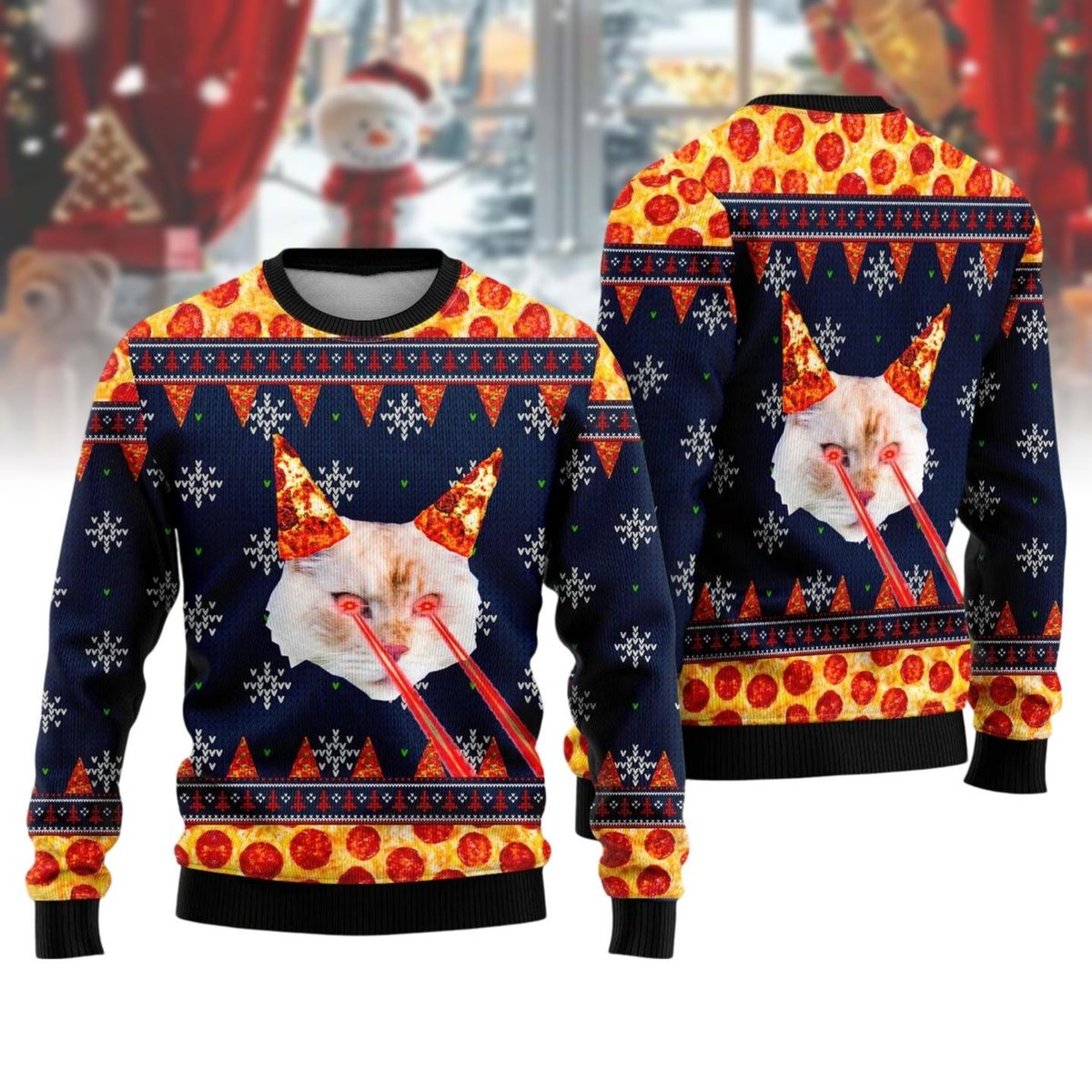 Pizza Cat Laser Eyes Ugly Sweater Funny Meme Lovers Cool Christmas Gift