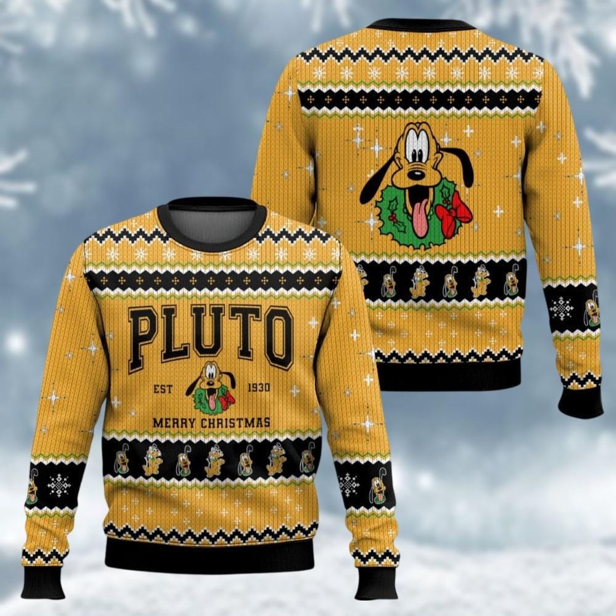 Pluto Yellow Christmas Ugly Sweater Est 1930 Merry Christmas Disney Knit Jumper