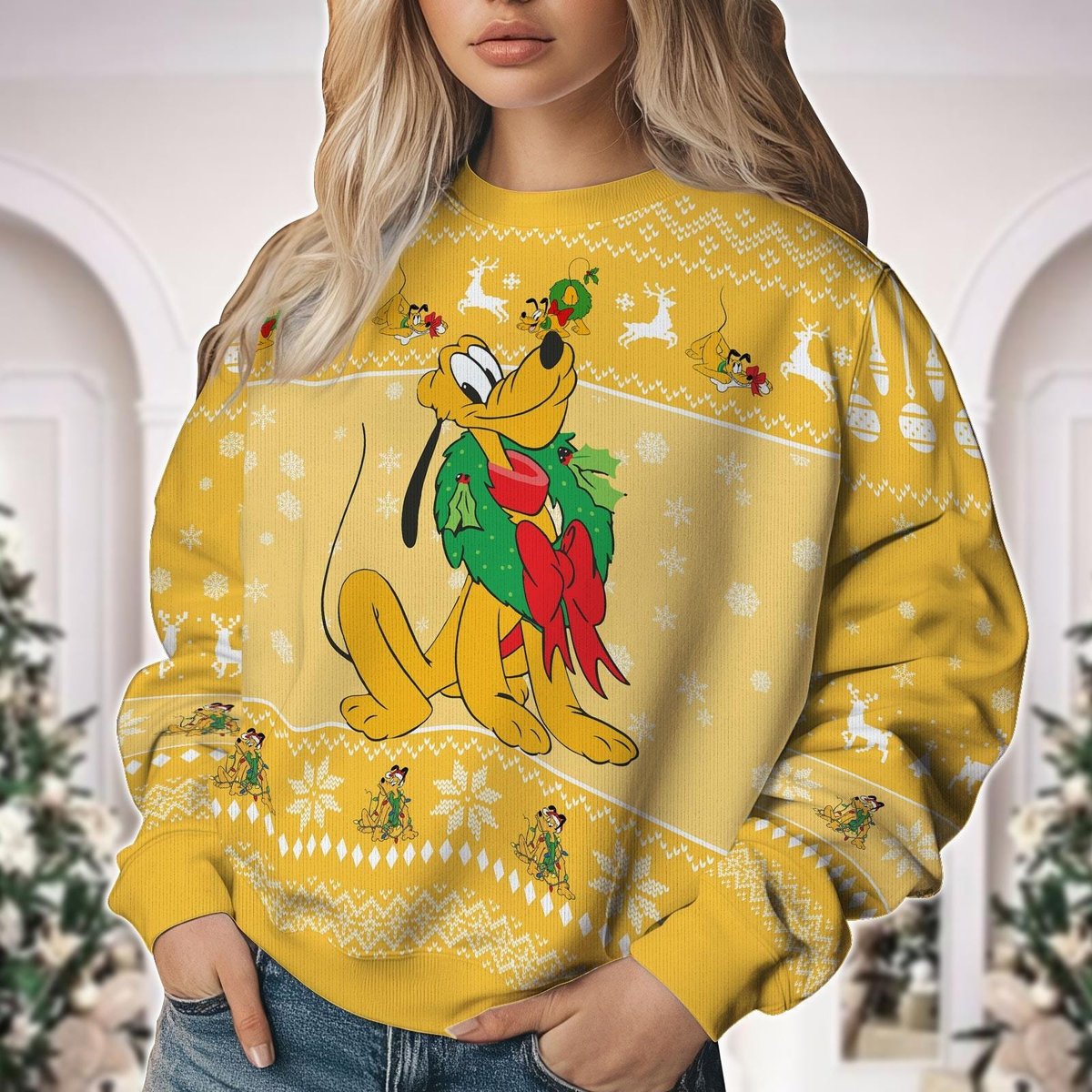 Pluto Yellow Christmas Ugly Sweater Holiday Wreath Reindeer Ears Disney Knit Jumper