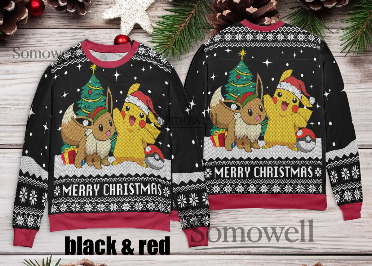 Pikachu Eevee Merry Christmas Ugly Christmas Sweater Black Red Anime Holiday Edition Multi Color Edition