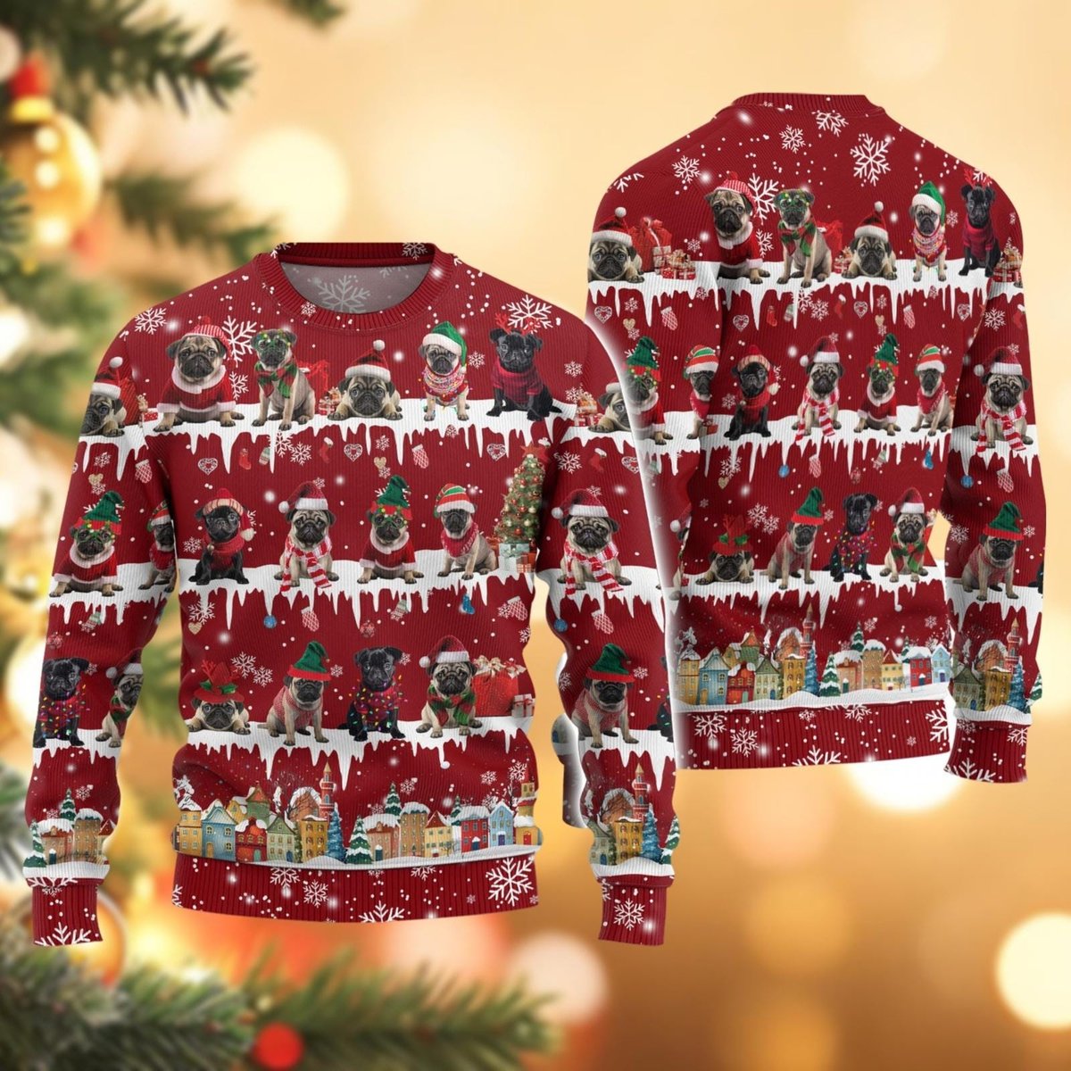 Pug Dog Pattern Ugly Christmas Sweater Funny Pet Lover Holiday Gift