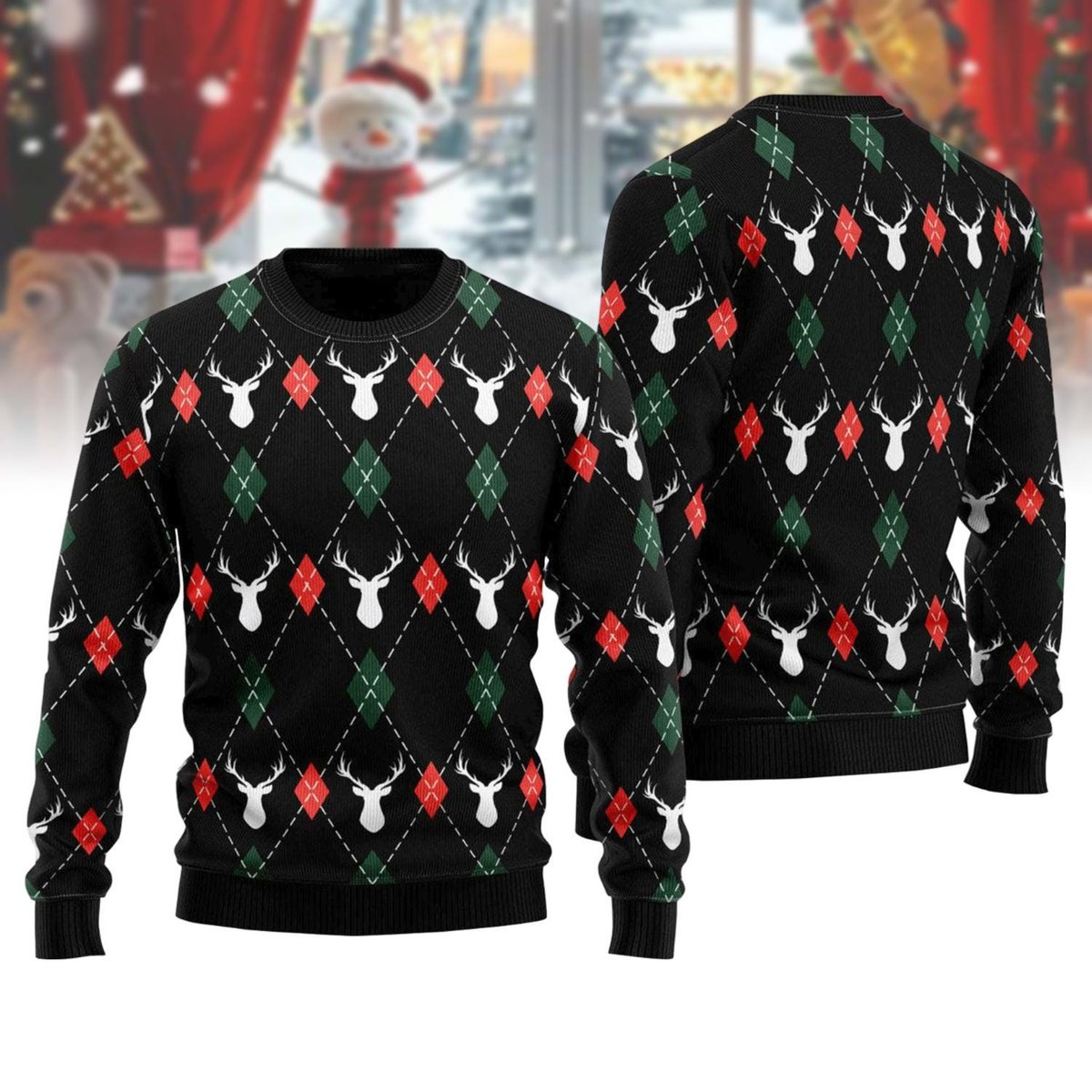 Reindeer Pattern Ugly Sweater Classic Argyle Style Holiday Christmas Gift