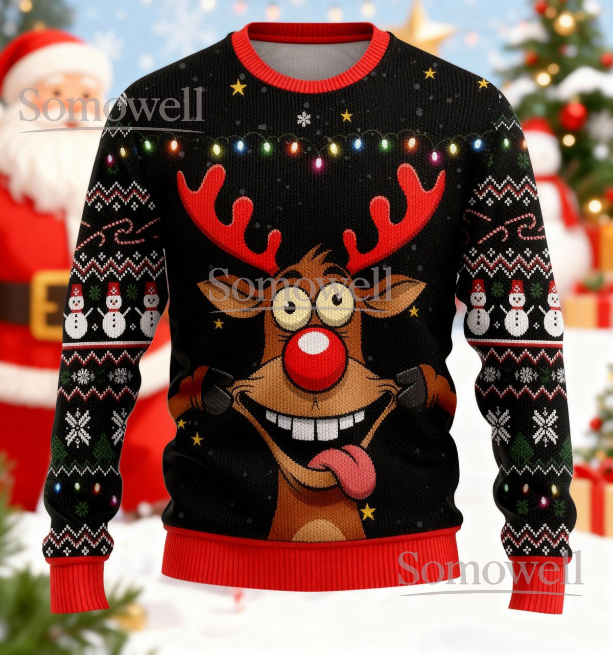 Rudolph Reindeer Christmas Black Ugly Sweater Cartoon Funny Holiday Knit Jumper