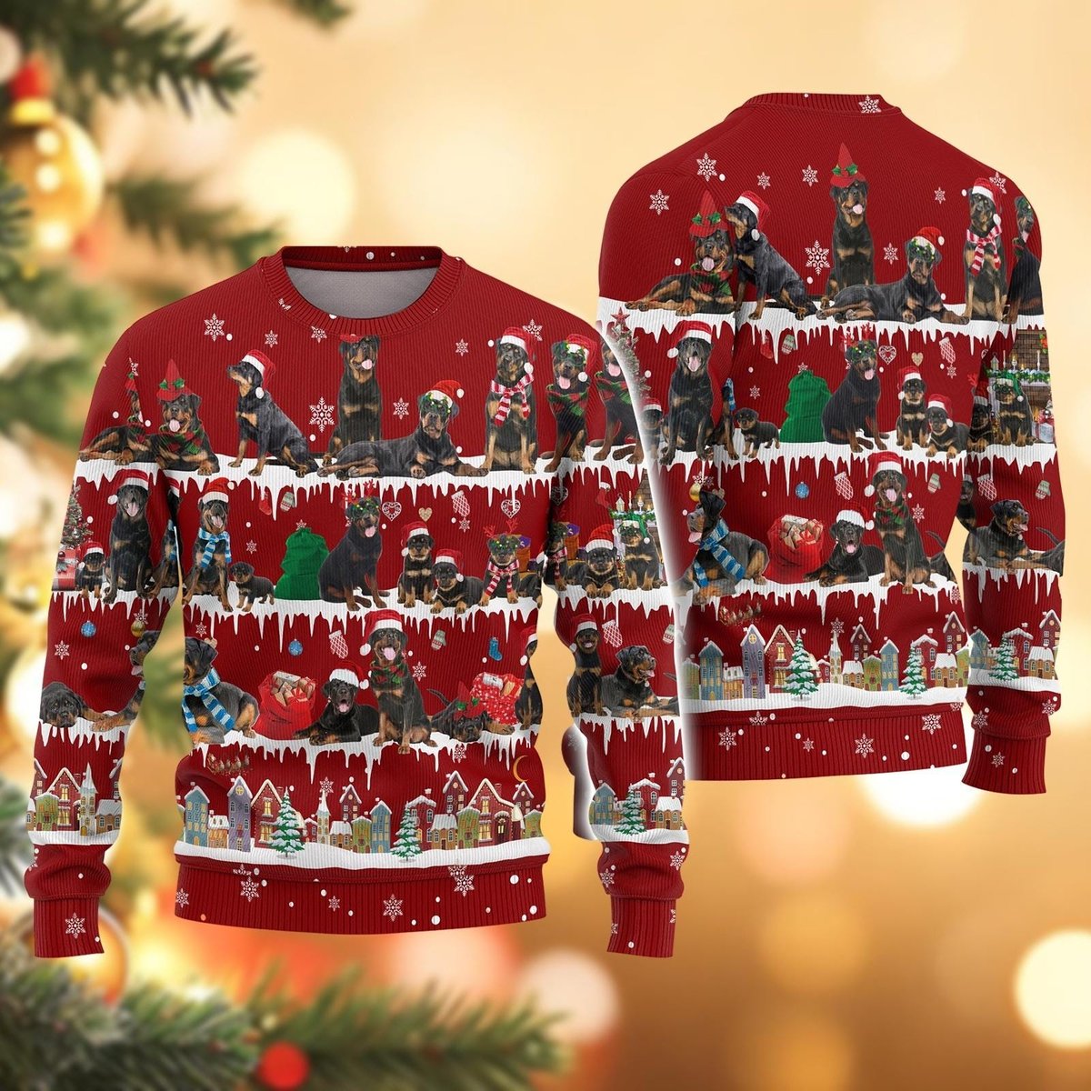 Rottweiler Dog Pattern Ugly Christmas Sweater Funny Pet Lover Holiday Gift