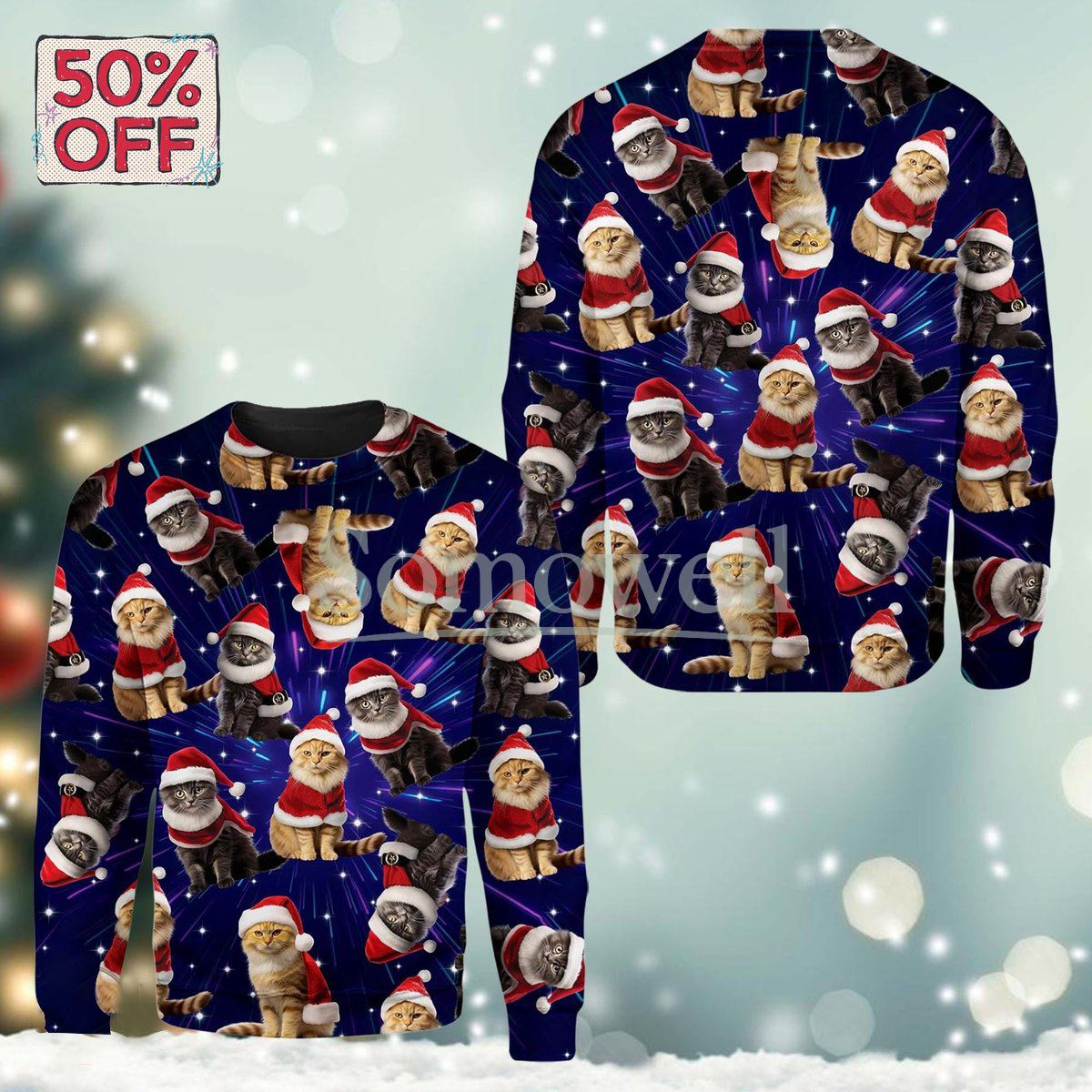 Santa Cat Galaxy Blue Ugly Christmas Sweater Funny Pet Lover Holiday Knit Jumper