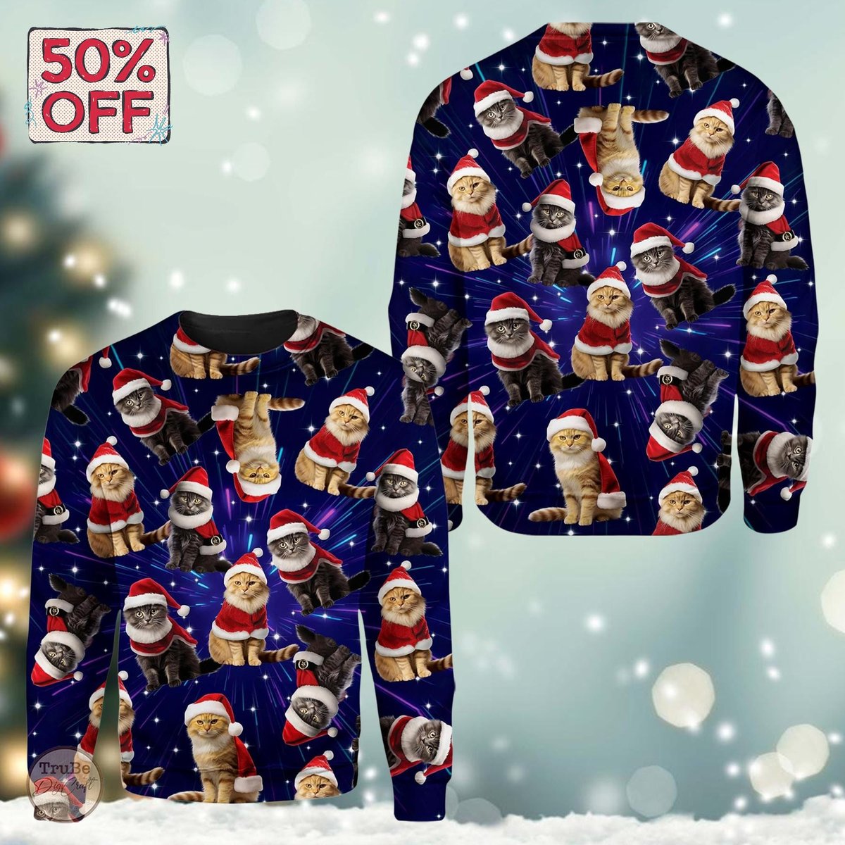 Santa Cat Galaxy Christmas Ugly Sweater Funny Space Cat Holiday Knit Jumper