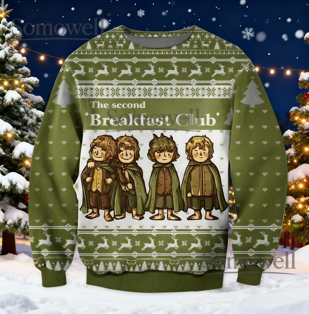 Second Breakfast Club Green Ugly Christmas Sweater Hobbit Parody Cozy Knit Jumper