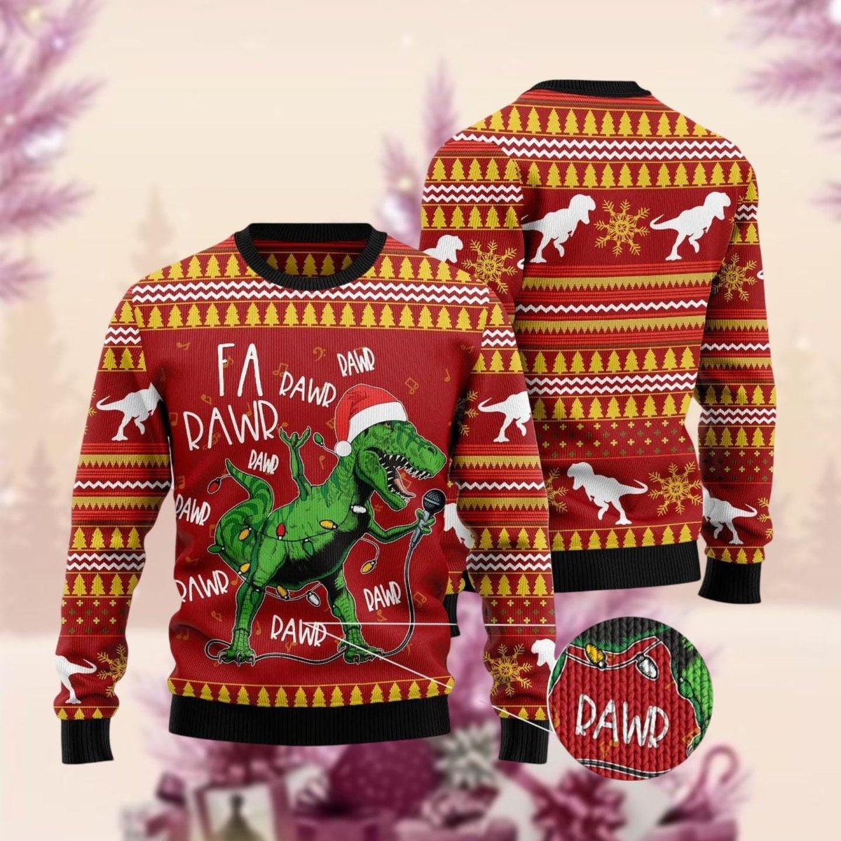 Dinosaur Singing Christmas Red Ugly Sweater Funny T Rex Fa Rawr Holiday Knit Jumper