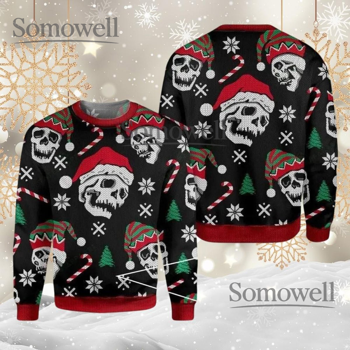 Skull Santa Black Ugly Christmas Sweater Gothic Holiday Skull Pattern Knit Jumper