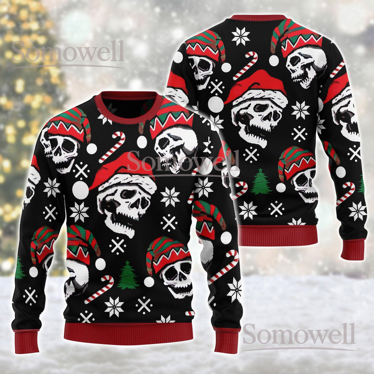 Skull Santa Christmas Black Ugly Sweater Gothic Holiday Candy Cane Knit Jumper