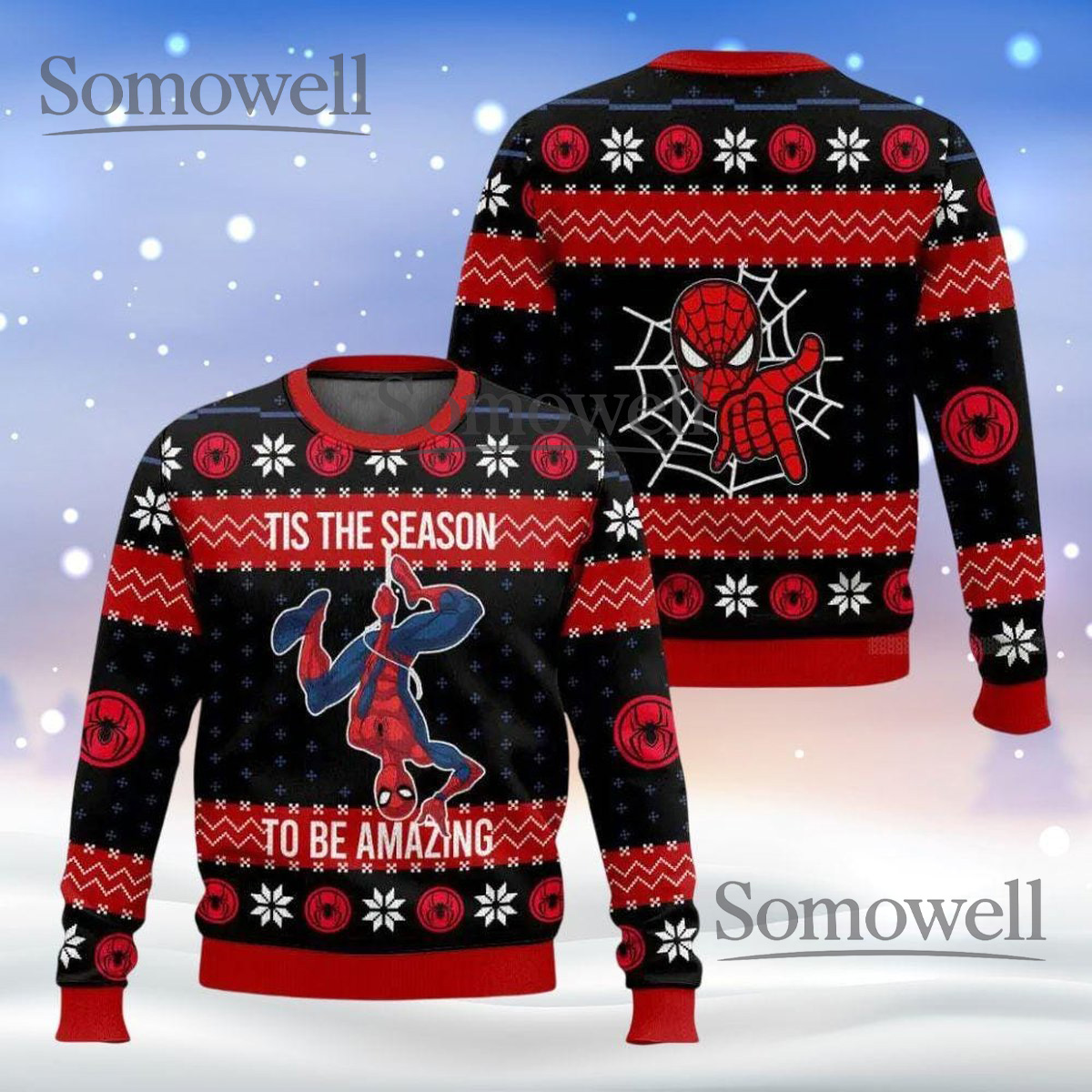 Spider Man Red Black Ugly Christmas Sweater Funny Superhero Holiday Knit Jumper