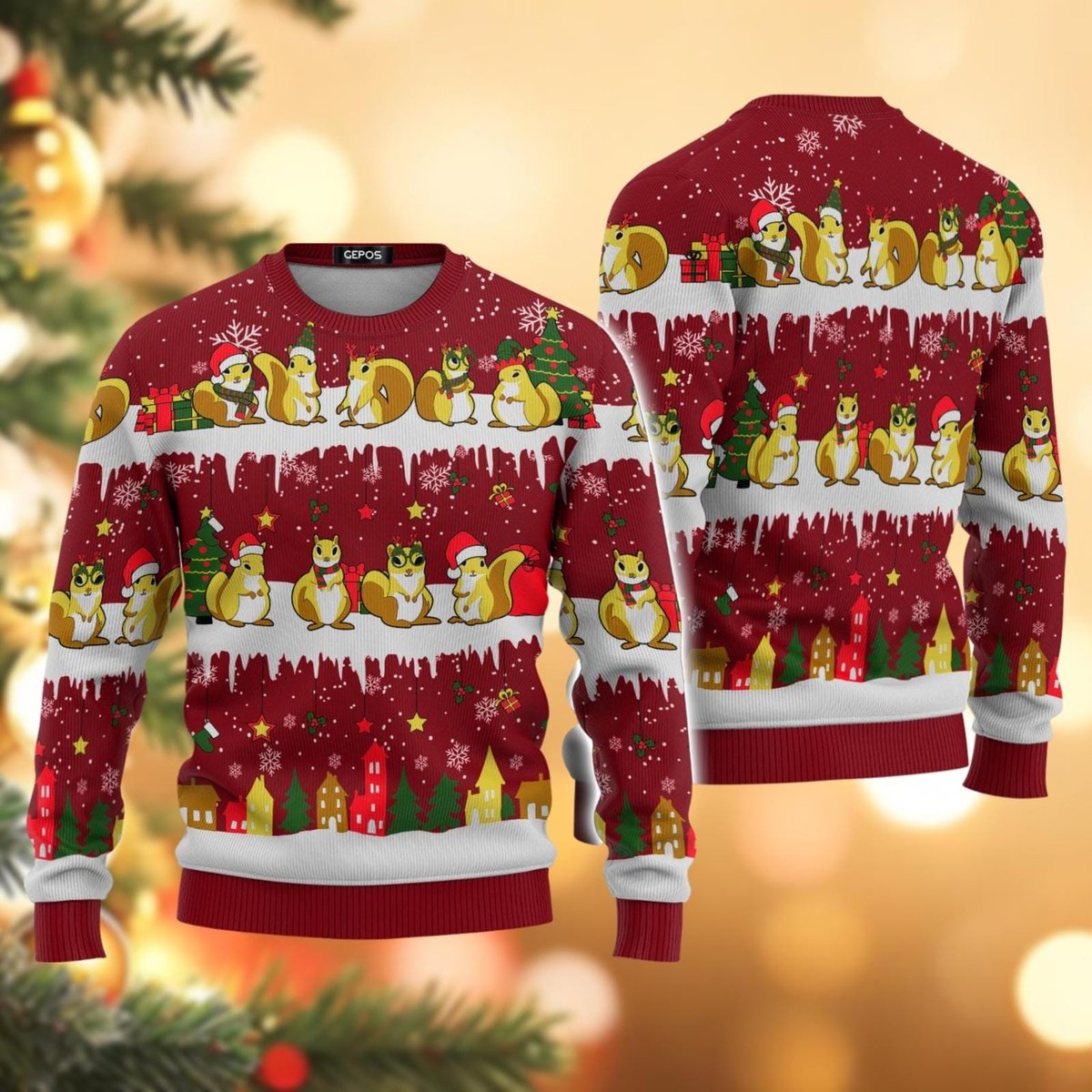 Cute Squirrel Pattern Ugly Christmas Sweater Funny Animal Holiday Pullover Gift