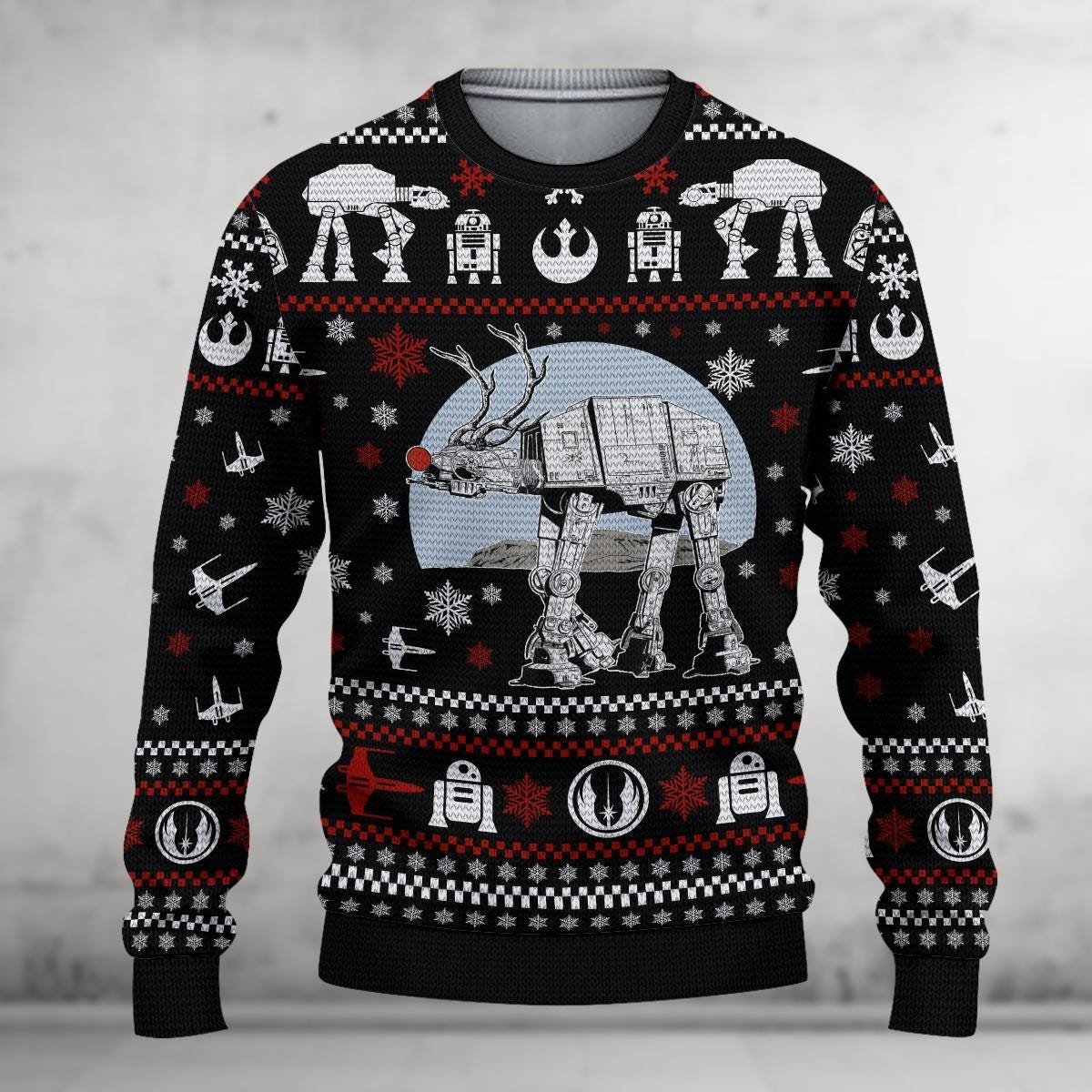 AT-AT Reindeer Ugly Christmas Sweater Black Galactic Holiday Pullover Gift