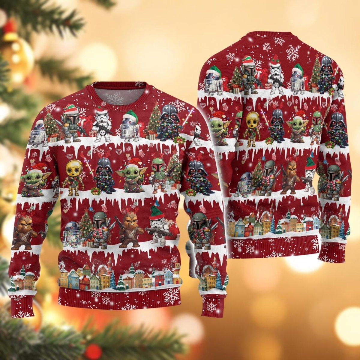 Red Galactic Character Pattern Ugly Christmas Sweater Funny Holiday Pullover