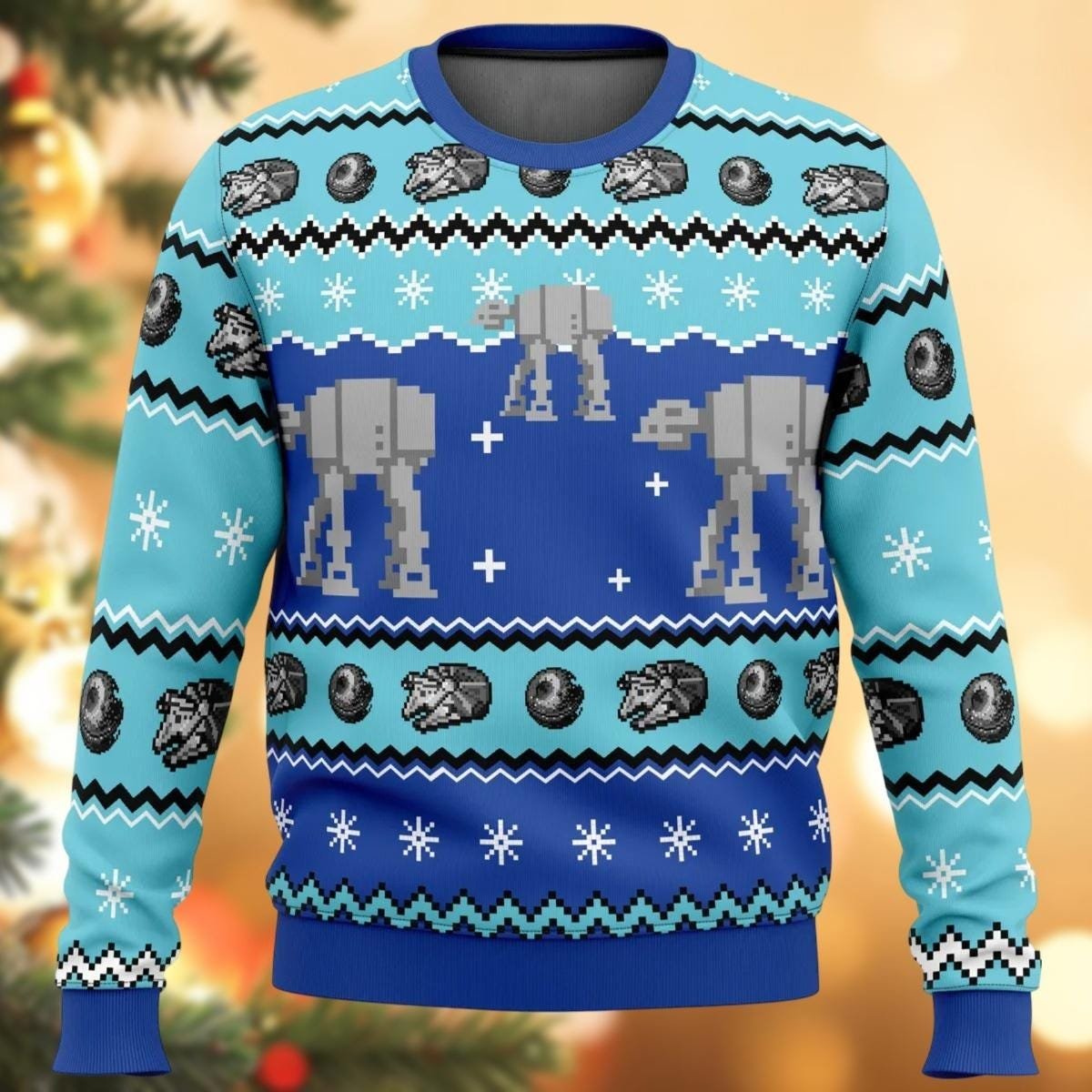 Blue AT-AT Walker Pattern Ugly Christmas Sweater Winter Galactic Holiday Gift