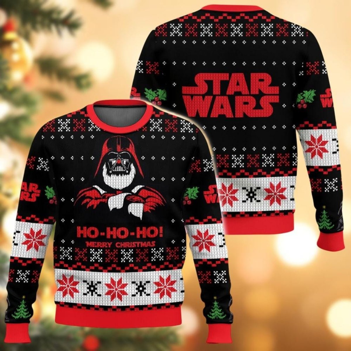 Ho Ho Ho Darth Helmet Ugly Christmas Sweater Black Red Funny Holiday Pullover