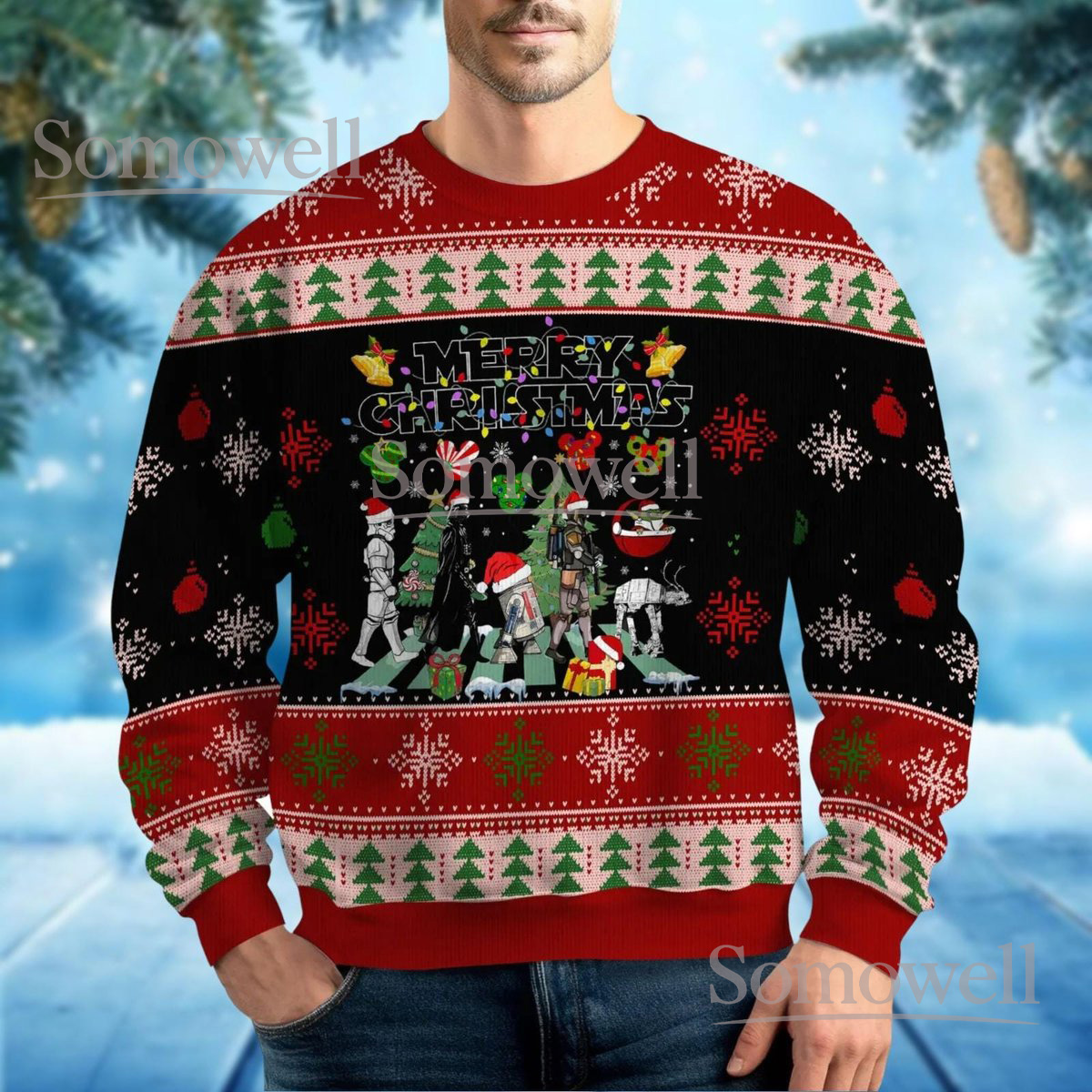 Star Wars Christmas Red Ugly Sweater Merry Christmas Galactic Characters Holiday Knit Jumper