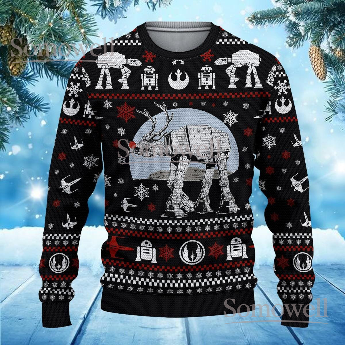 Star Wars Christmas Black Ugly Sweater AT-AT Reindeer Sci-Fi Holiday Knit Jumper