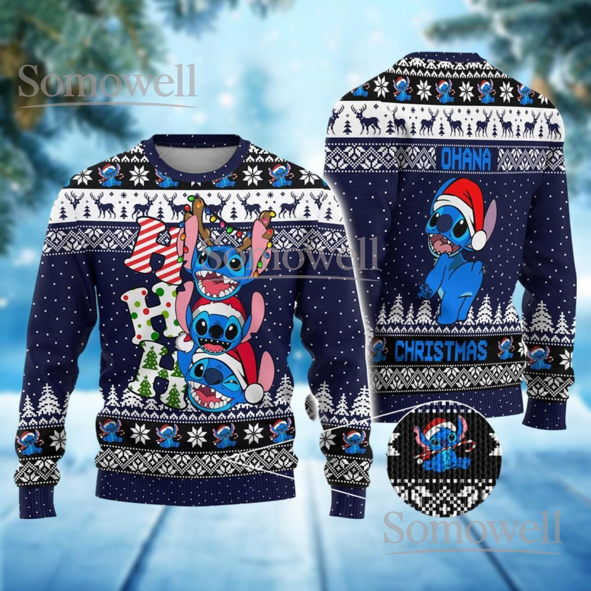 Stitch Ohana Christmas Blue Ugly Sweater Cute Cartoon Funny Holiday Knit Jumper