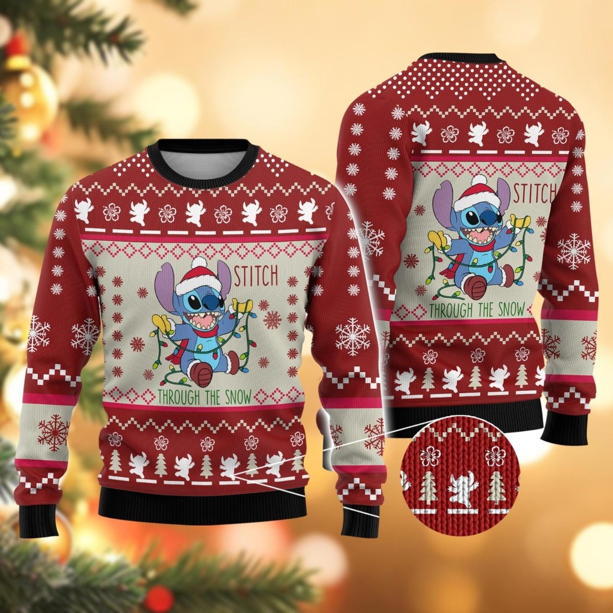 Stitch Through The Snow Red Ugly Christmas Sweater Cute Winter Pullover