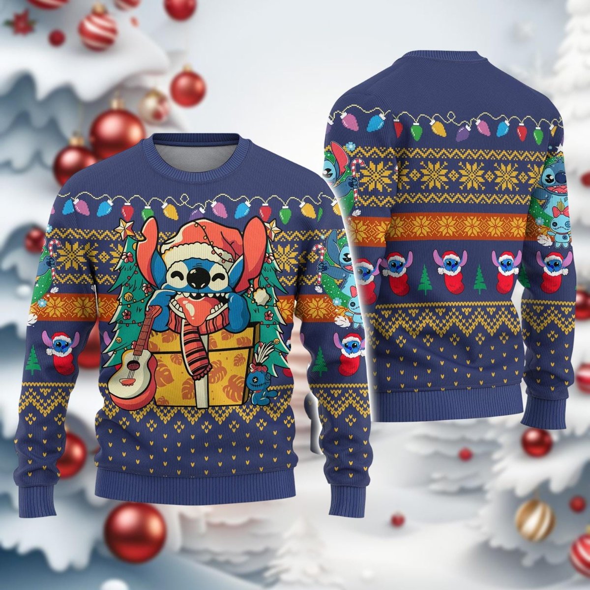 Stitch Blue Christmas Ugly Sweater Cute Cartoon Alien Holiday Gift Knit Jumper