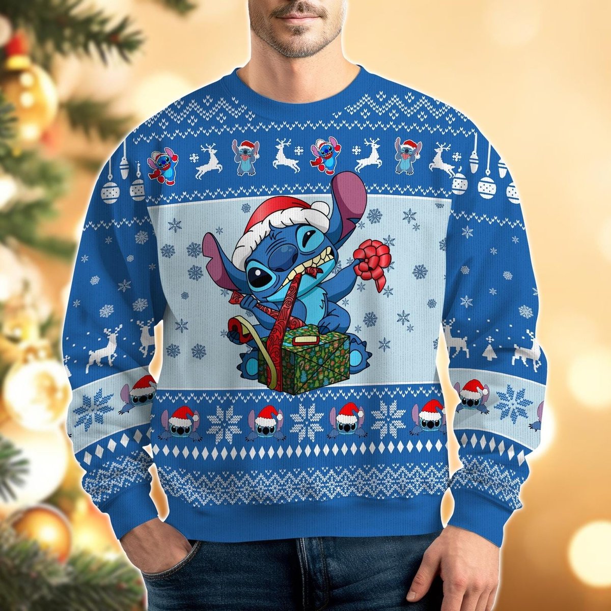 Blue Stitch Gift Box Ugly Christmas Sweater Cute Holiday Pullover Winter Knit