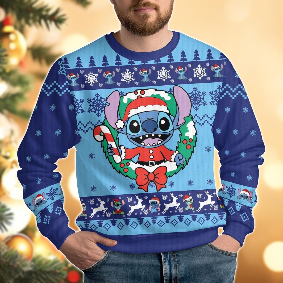 Santa Stitch Wreath Ugly Christmas Sweater Blue Cute Holiday Pullover Gift