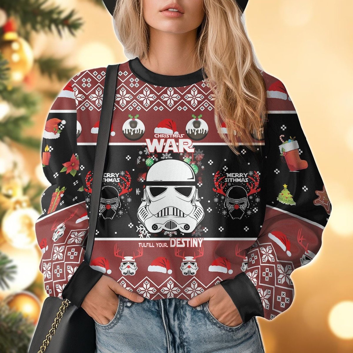Funny Storm Trooper Christmas War Ugly Sweater Black Red Holiday Pullover