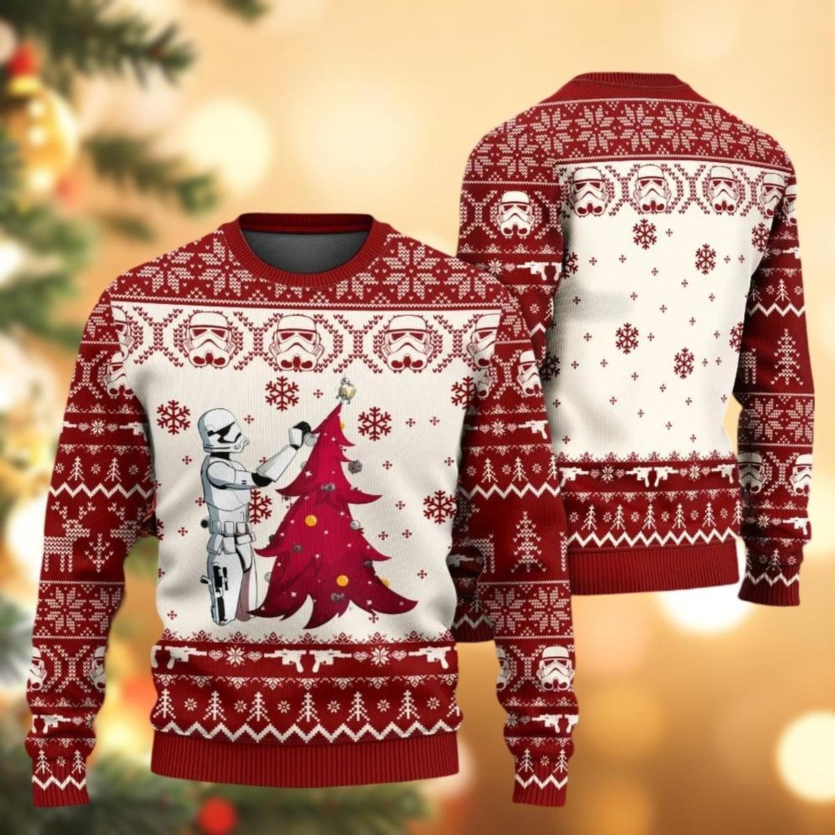 Storm Trooper Decorating Tree Ugly Christmas Sweater Red White Holiday Gift