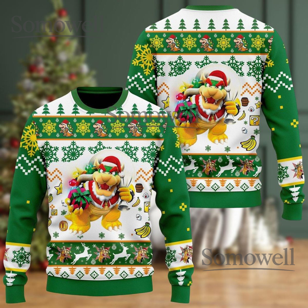 Bowser Green White Ugly Christmas Sweater Super Mario Villain Holiday Knit Gift