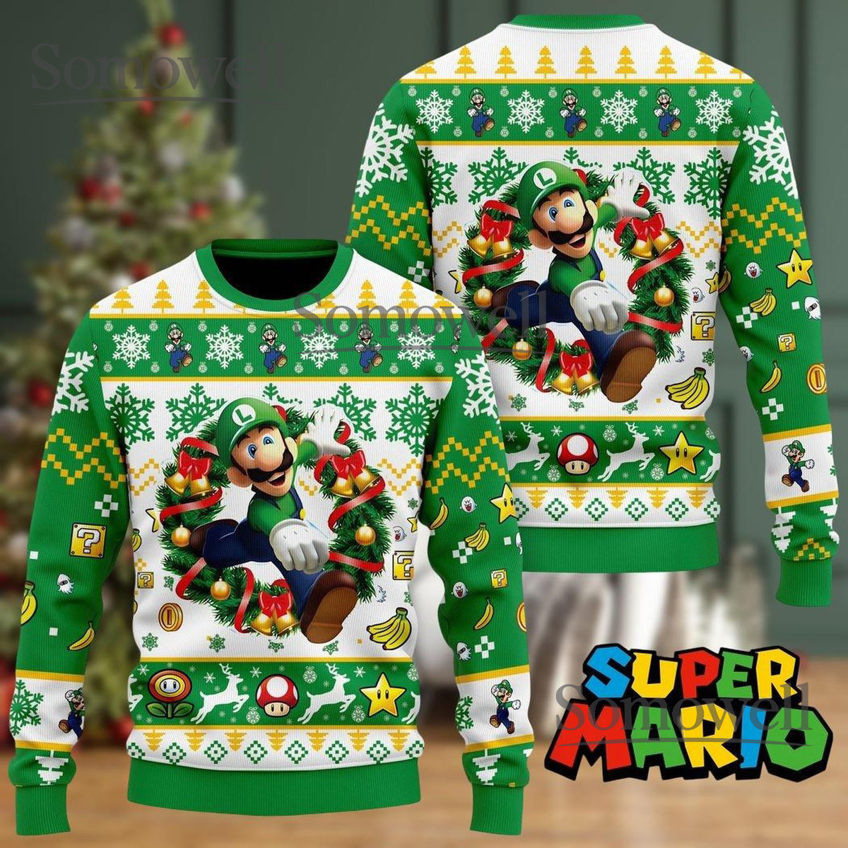 Luigi Green White Ugly Christmas Sweater Super Mario Funny Holiday Knit Gift
