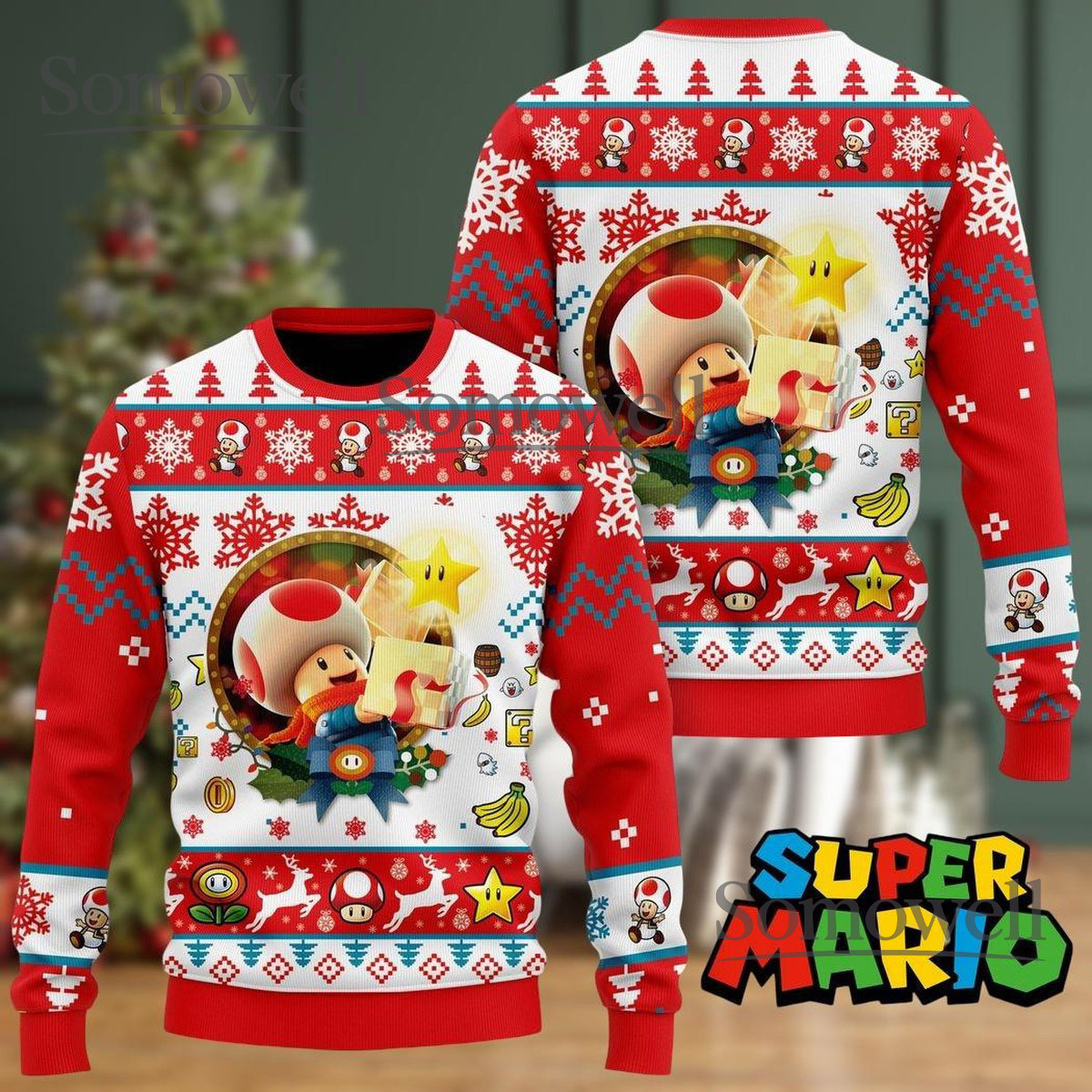 Toad Red White Ugly Christmas Sweater Super Mario Character Holiday Knit Gift