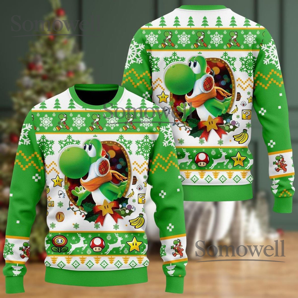 Yoshi Green White Ugly Christmas Sweater Super Mario Character Holiday Knit Gift