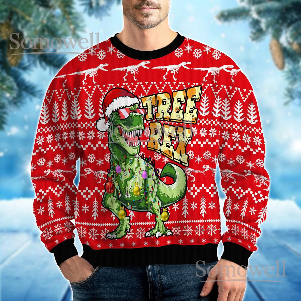 Tree Rex Dinosaur Christmas Red Ugly Sweater Funny T-Rex Santa Holiday Knit Jumper