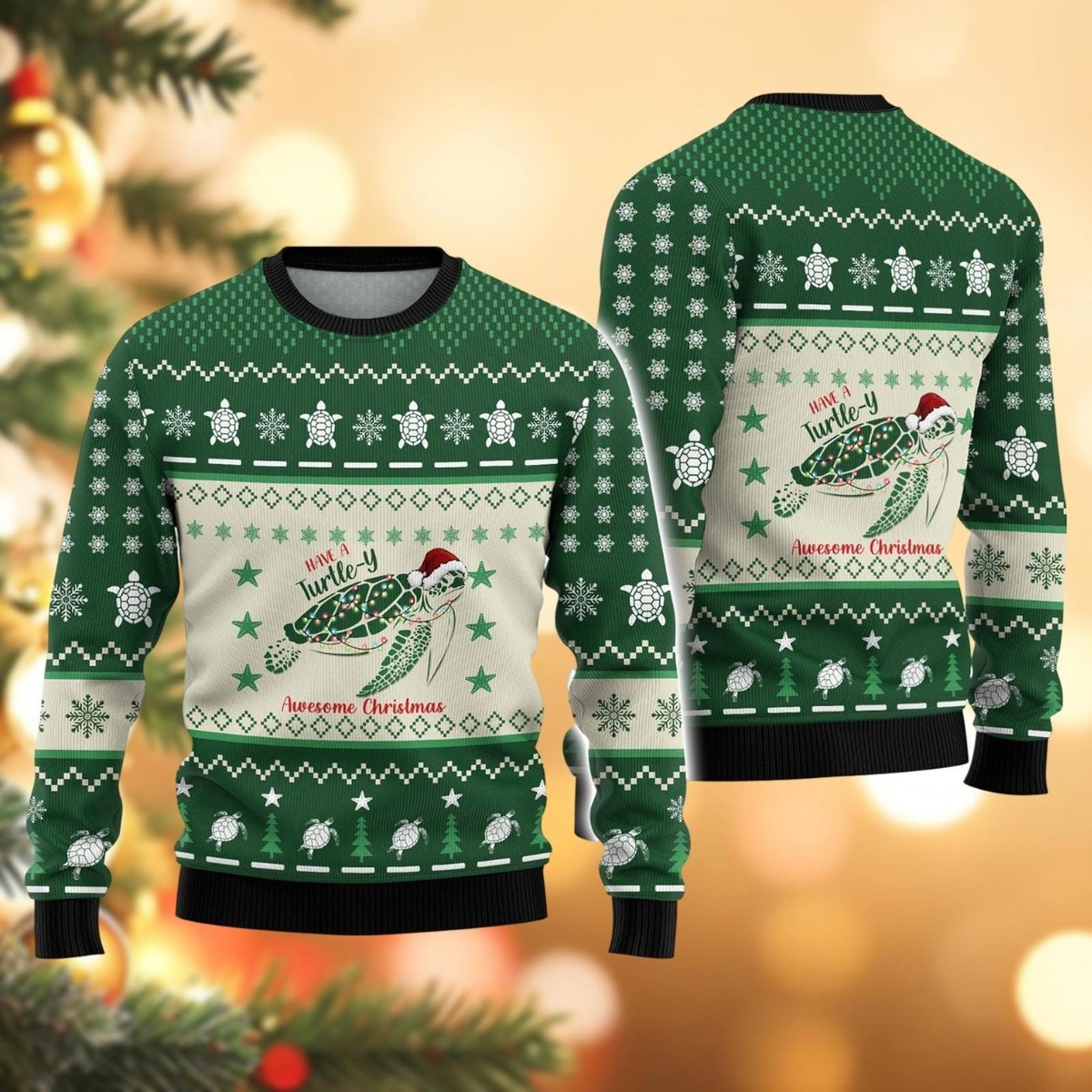Turtle Merry Christmas Ugly Sweater Green Holiday Pullover Cute Winter Knit