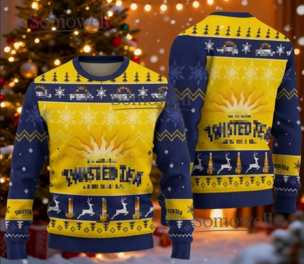 Twisted Tea Yellow Blue Ugly Christmas Sweater Funny Beer Holiday Knit Jumper
