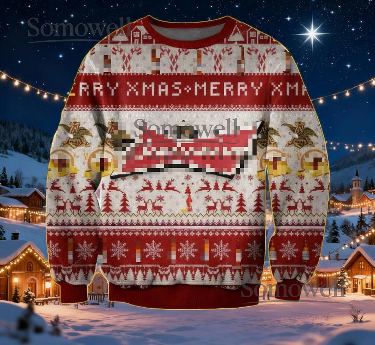 Budweiser Red White Ugly Christmas Sweater Merry Xmas Beer Holiday Knit Jumper