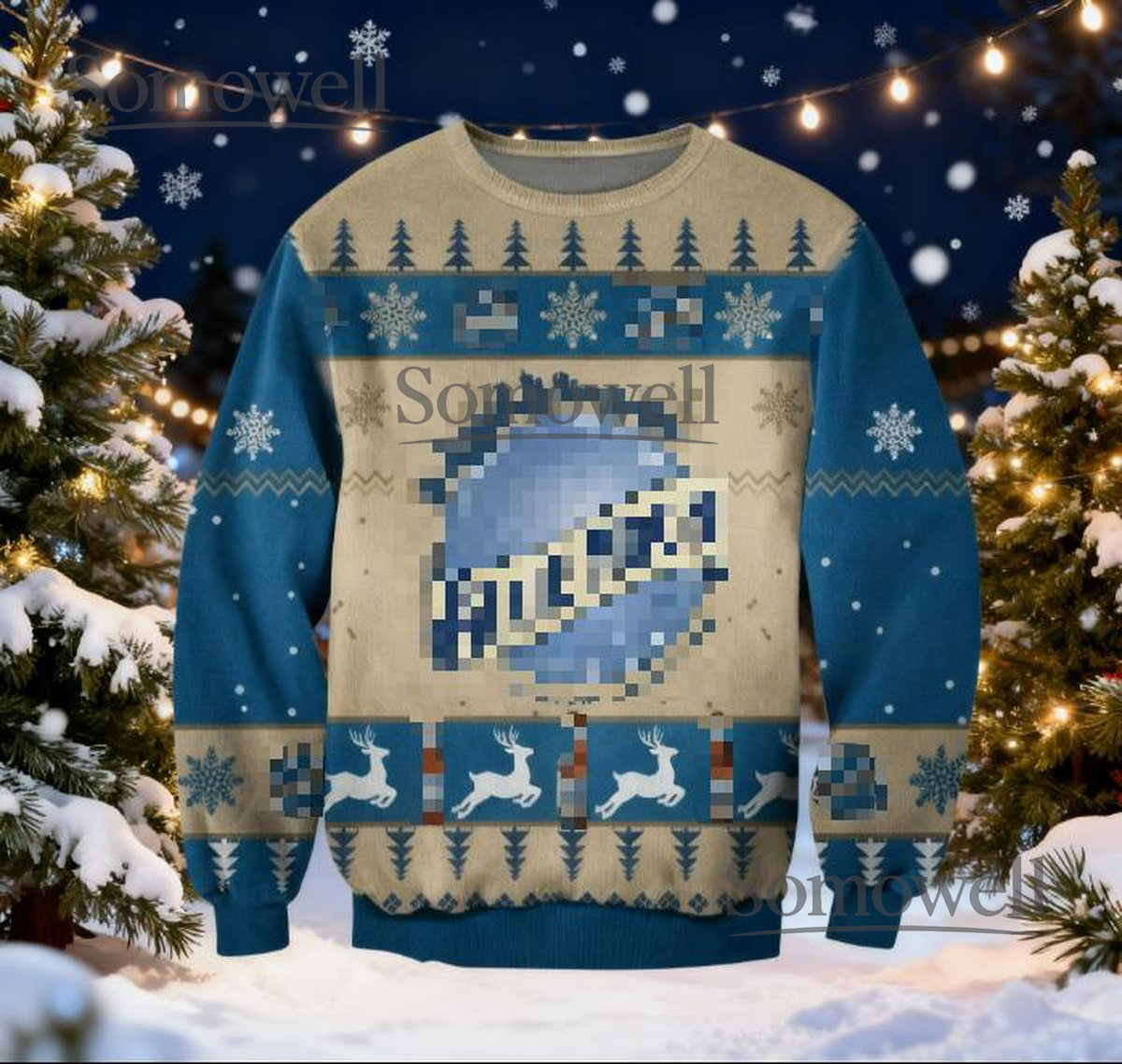 Blue Moon Beige Blue Ugly Christmas Sweater Beer Lovers Festive Holiday Knit Jumper