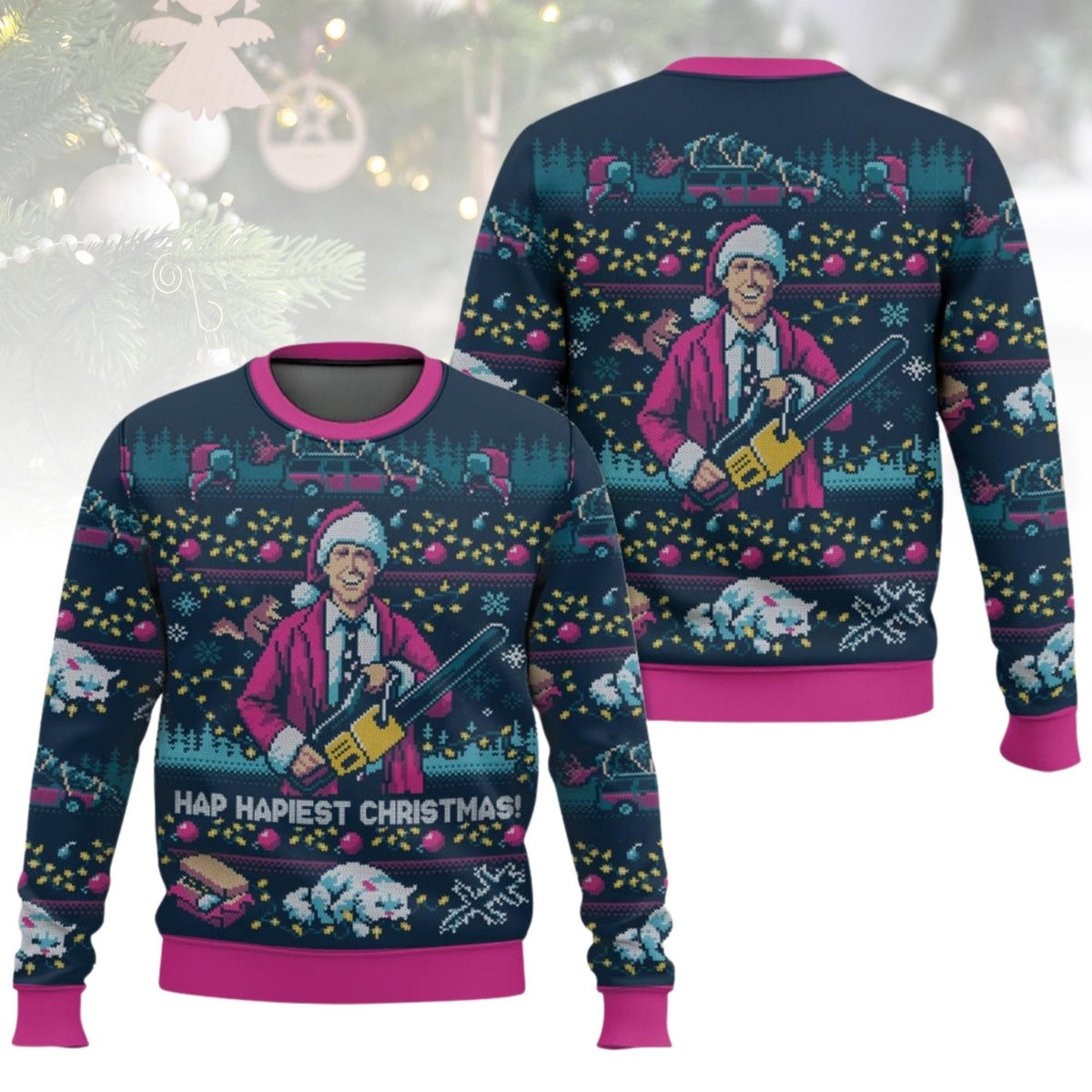 Clark Griswold Chainsaw Christmas Navy Ugly Sweater Happiest Christmas Holiday Knit Jumper