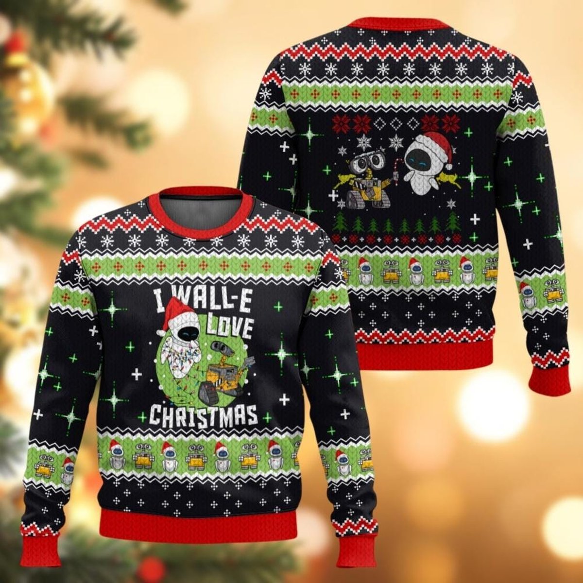 Wall E and Eve Love Christmas Ugly Sweater Black Green Holiday Pullover Gift