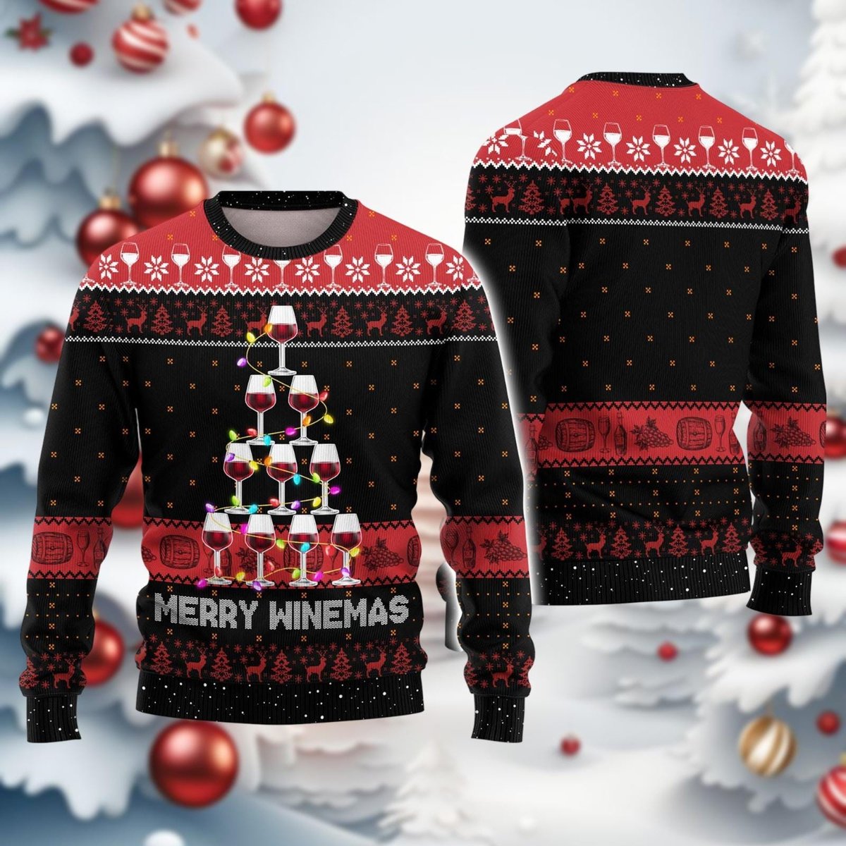 Merry Winemas Black Ugly Sweater Funny Wine Glass Tree Holiday Party Knit Jumper