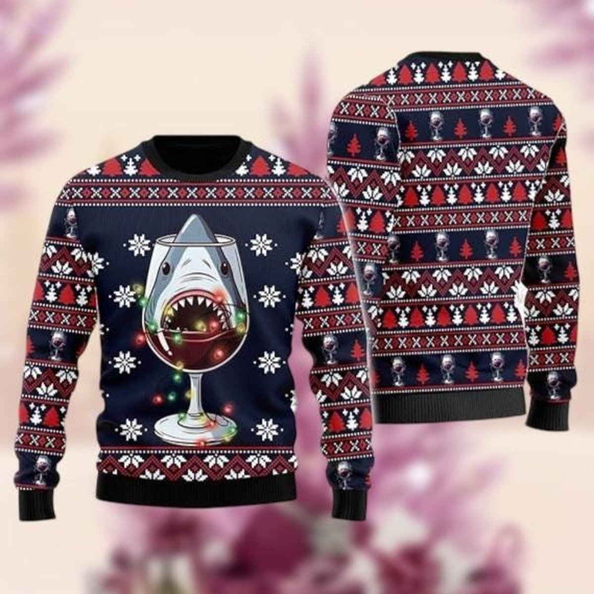 Wine Shark Christmas Navy Ugly Sweater Funny Ocean Wine Lover Holiday Knit Jumper