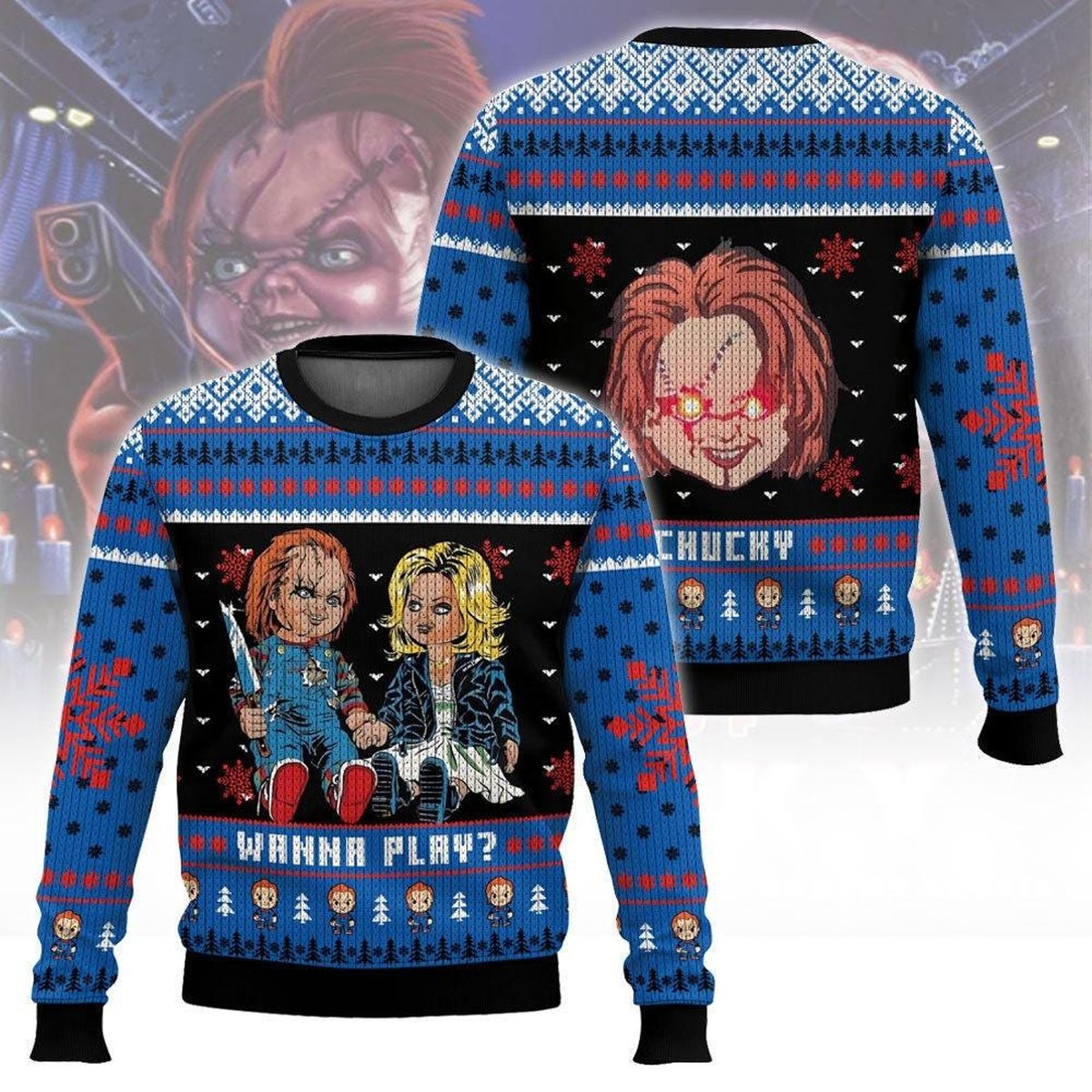 Chucky and Tiffany Christmas Blue Ugly Sweater Wanna Play Horror Couple Holiday Knit Jumper