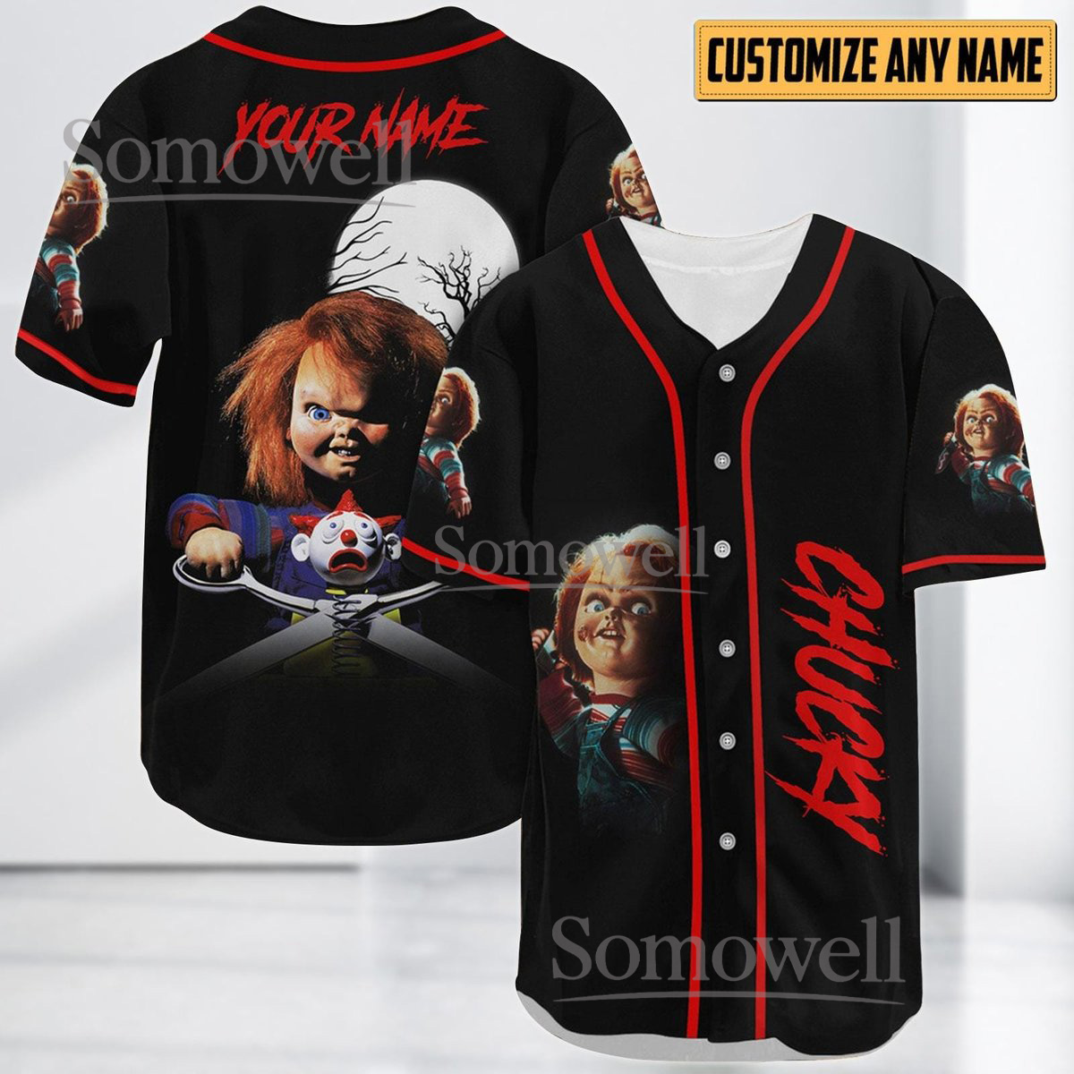 Chucky Horror Movie Baseball Jersey with Iconic Character and Gory Design