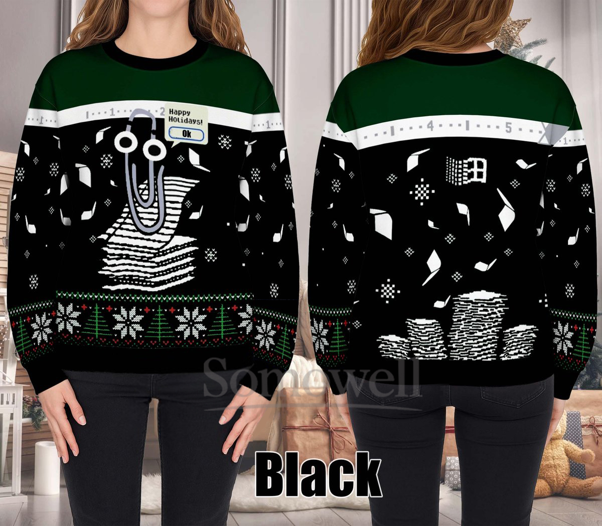 Clippy Holiday Sweater All Over Printed Latest Holiday Green Ugly Christmas