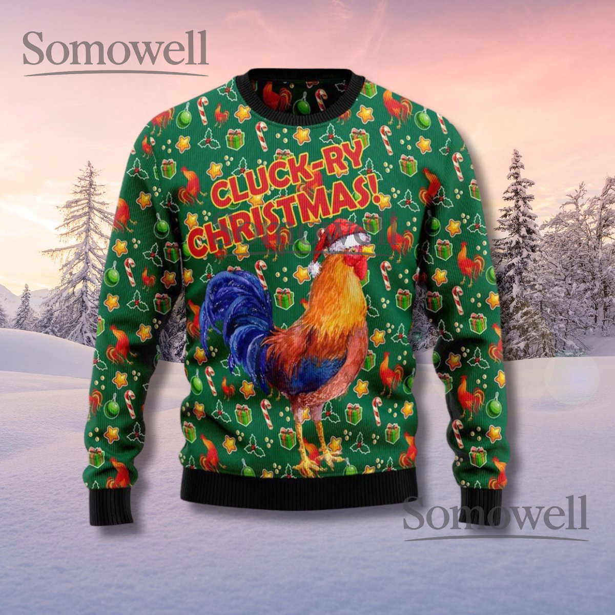 Cluck-Ry Christmas Rooster Ugly Sweater Funny Chicken Holiday Jumper Gift Unisex