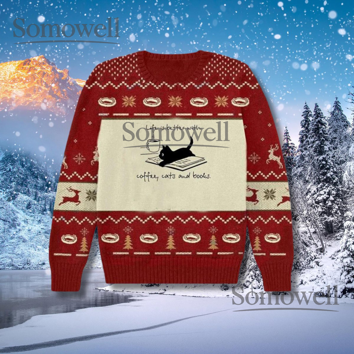 Coffee Cats and Books Red Ugly Christmas Sweater Cozy Reader Cat Lover Holiday Knit Jumper