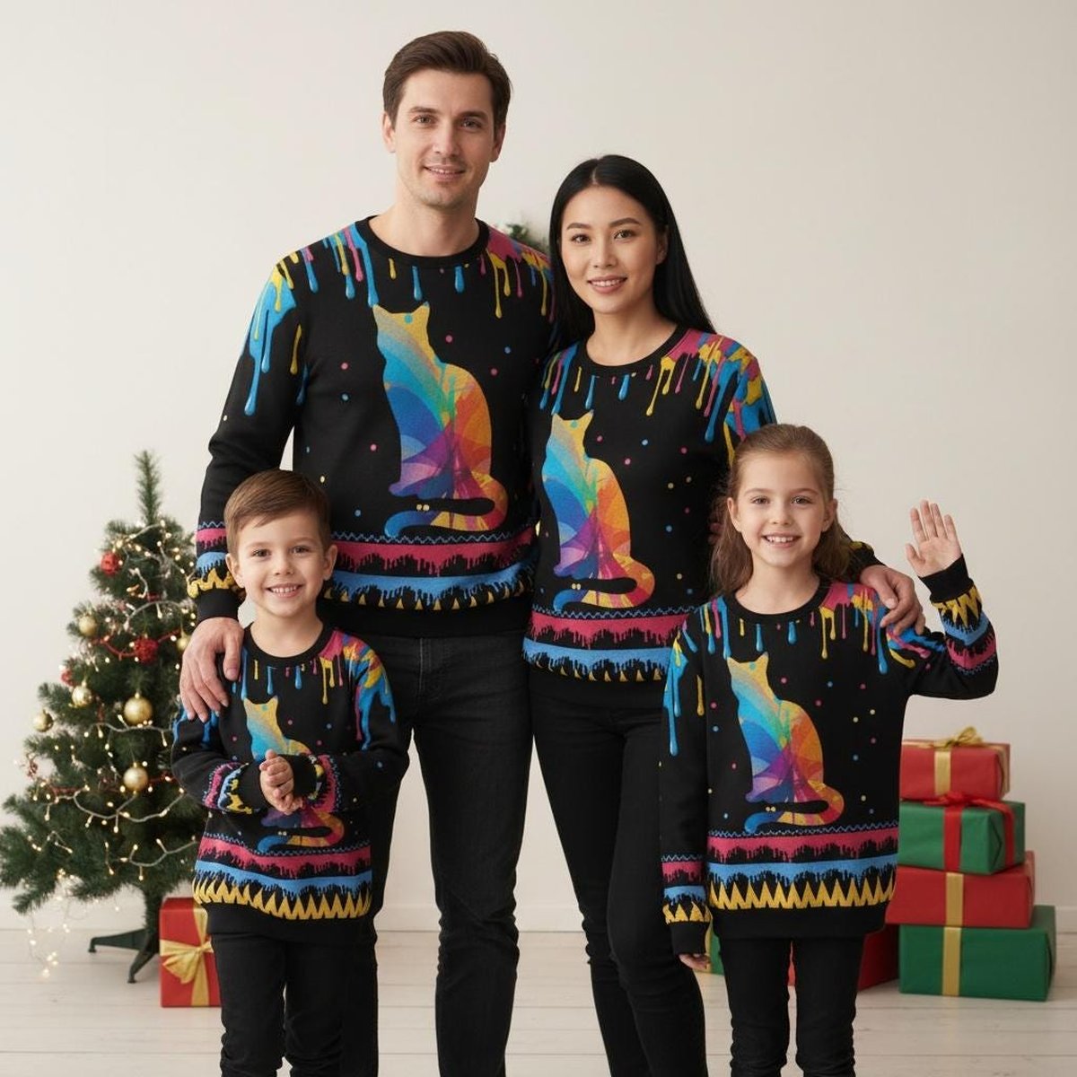 Colorful Cat Christmas Ugly Sweater Rainbow Paint Drip Knit Jumper Gift