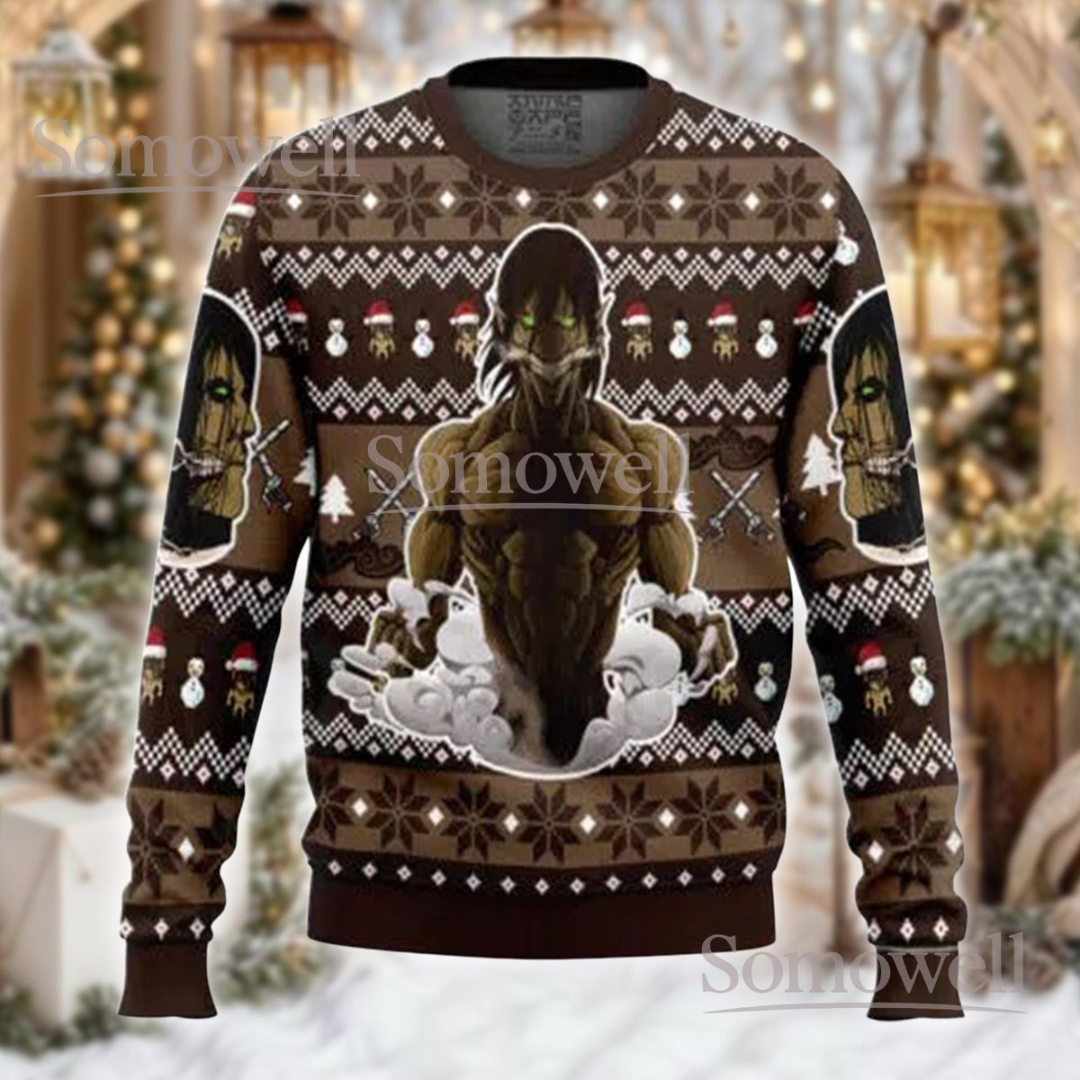 Attack on Titan Brown Ugly Christmas Sweater Colossal Titan Anime Holiday Knit Jumper
